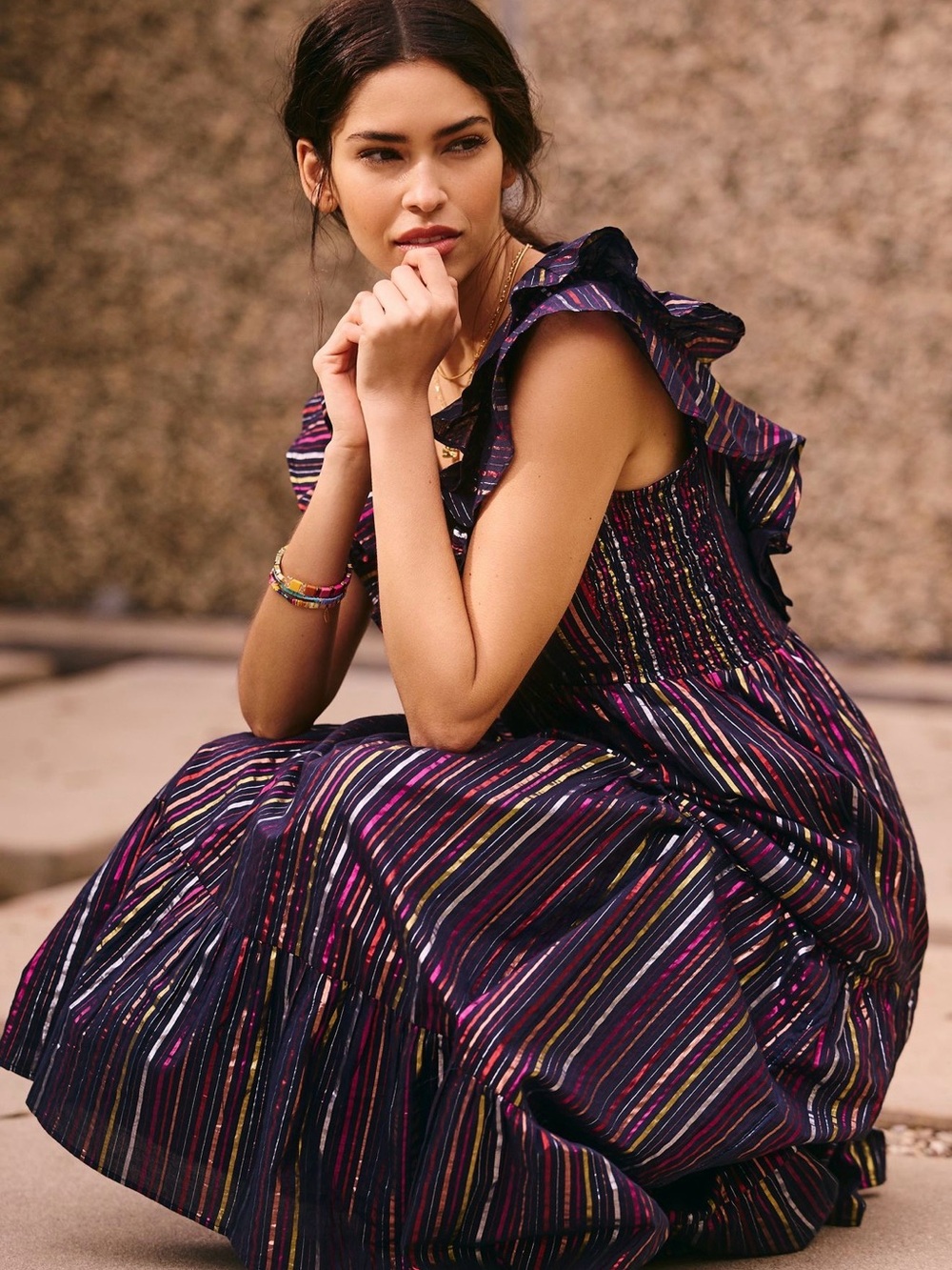 Roller Rabbit Navy and Purple Striped Ruffle Midi Dress